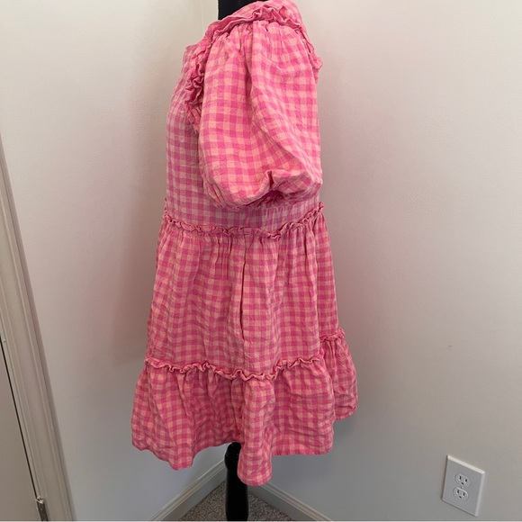 Entro Pink Gingham Tiered Babydoll Dress Sz M puff sleeves ruffle trim - Picture 2 of 7